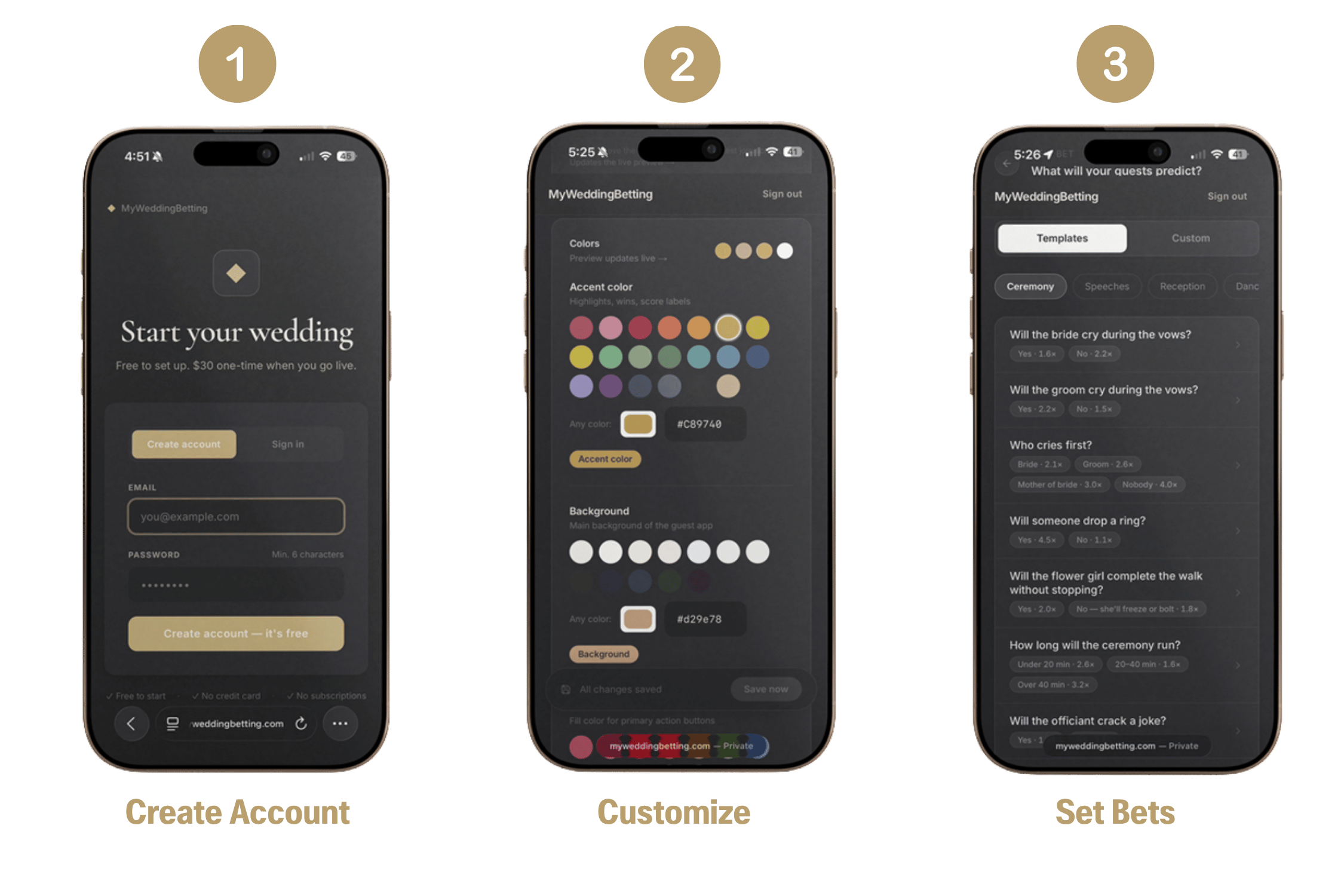 3 steps: Create Account, Customize your wedding, Set your bets
